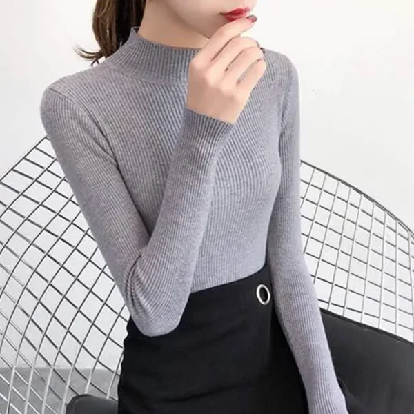 Autumn Winter Mock Neck Women Sweater Vintage Basic Solid Knitted Tops Casual Slim Pullover Korean Sweaters Simple Chic Jumpers - Image 8