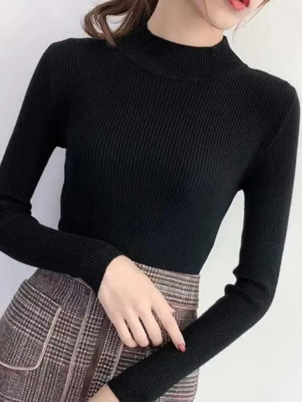 Autumn Winter Mock Neck Women Sweater Vintage Basic Solid Knitted Tops Casual Slim Pullover Korean Sweaters Simple Chic Jumpers - Image 5