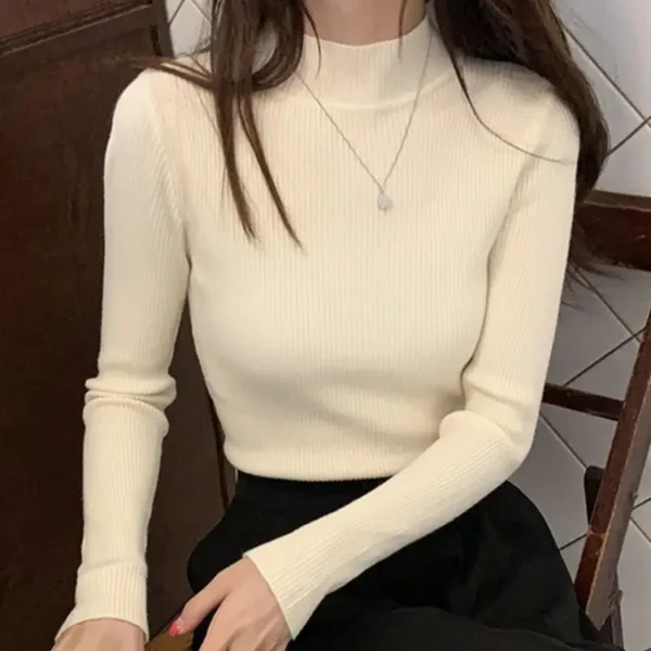 Autumn Winter Mock Neck Women Sweater Vintage Basic Solid Knitted Tops Casual Slim Pullover Korean Sweaters Simple Chic Jumpers - Image 13