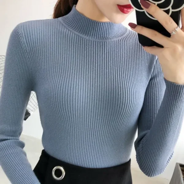 Autumn Winter Mock Neck Women Sweater Vintage Basic Solid Knitted Tops Casual Slim Pullover Korean Sweaters Simple Chic Jumpers - Image 10