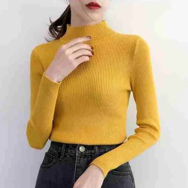 Autumn Winter Mock Neck Women Sweater Vintage Basic Solid Knitted Tops Casual Slim Pullover Korean Sweaters Simple Chic Jumpers - Image 14