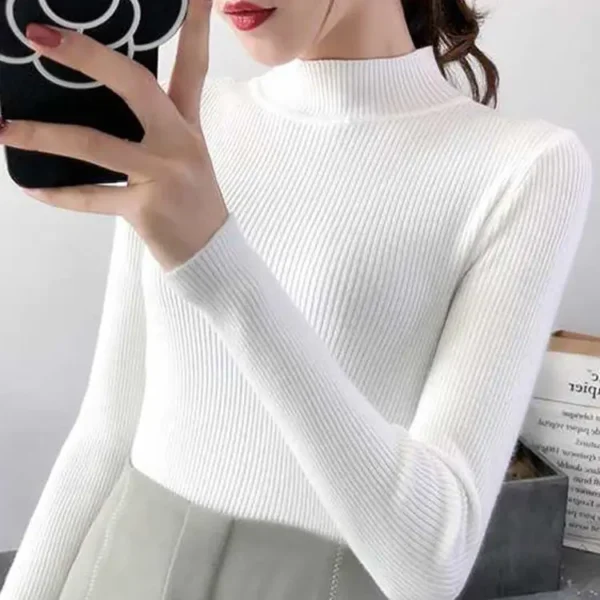 Autumn Winter Mock Neck Women Sweater Vintage Basic Solid Knitted Tops Casual Slim Pullover Korean Sweaters Simple Chic Jumpers - Image 9