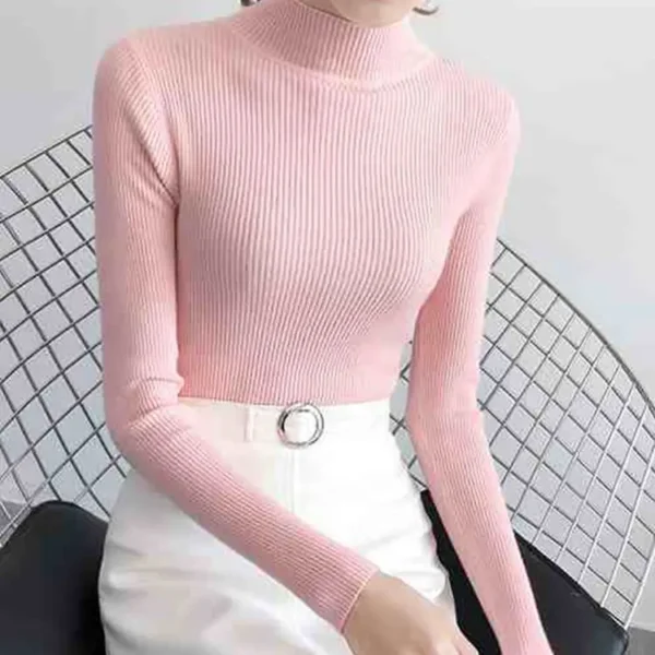 Autumn Winter Mock Neck Women Sweater Vintage Basic Solid Knitted Tops Casual Slim Pullover Korean Sweaters Simple Chic Jumpers - Image 12