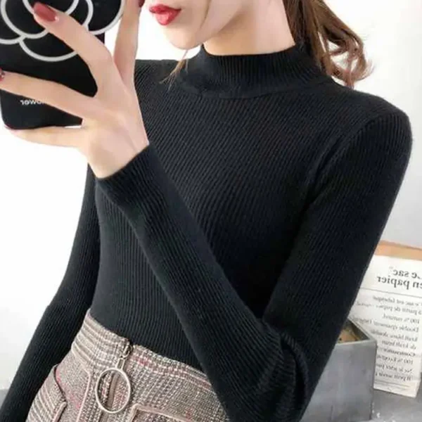 Autumn Winter Mock Neck Women Sweater Vintage Basic Solid Knitted Tops Casual Slim Pullover Korean Sweaters Simple Chic Jumpers - Image 16