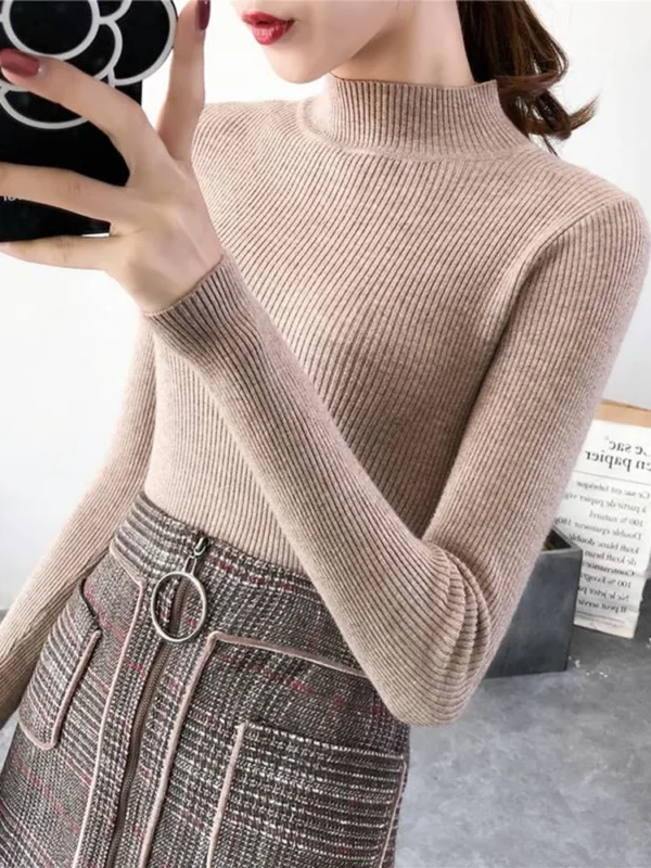 Autumn Winter Mock Neck Women Sweater Vintage Basic Solid Knitted Tops Casual Slim Pullover Korean Sweaters Simple Chic Jumpers - Image 4